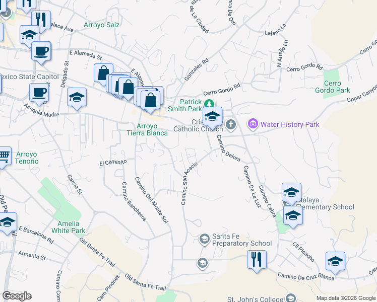 map of restaurants, bars, coffee shops, grocery stores, and more near 107 Victoria Street in Santa Fe