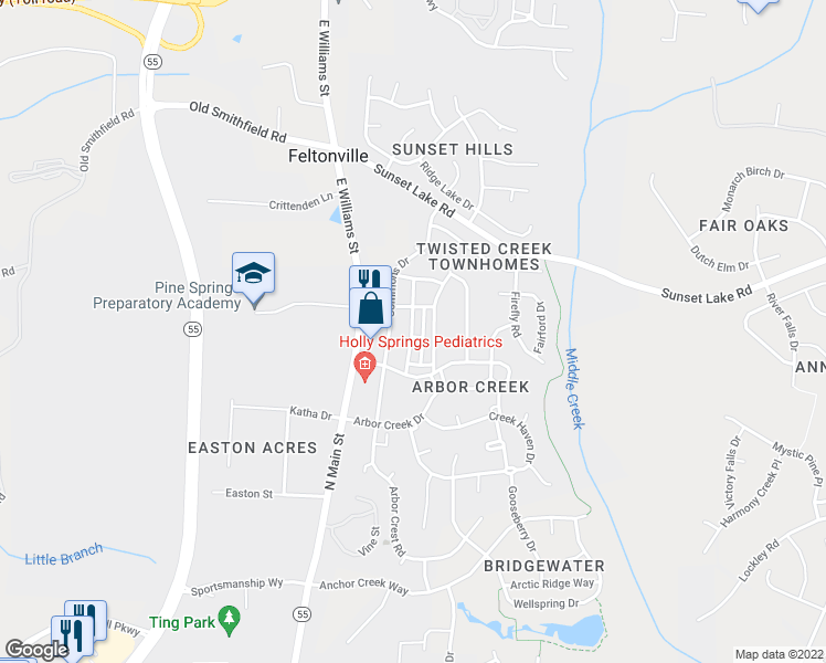 map of restaurants, bars, coffee shops, grocery stores, and more near 136 Danesway Drive in Holly Springs