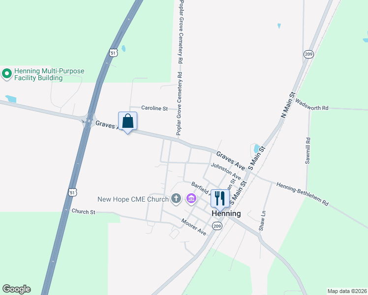 map of restaurants, bars, coffee shops, grocery stores, and more near 540 Maple Street in Henning