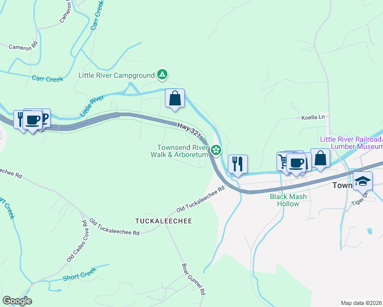 map of restaurants, bars, coffee shops, grocery stores, and more near 318 Shooting Star Loop in Townsend