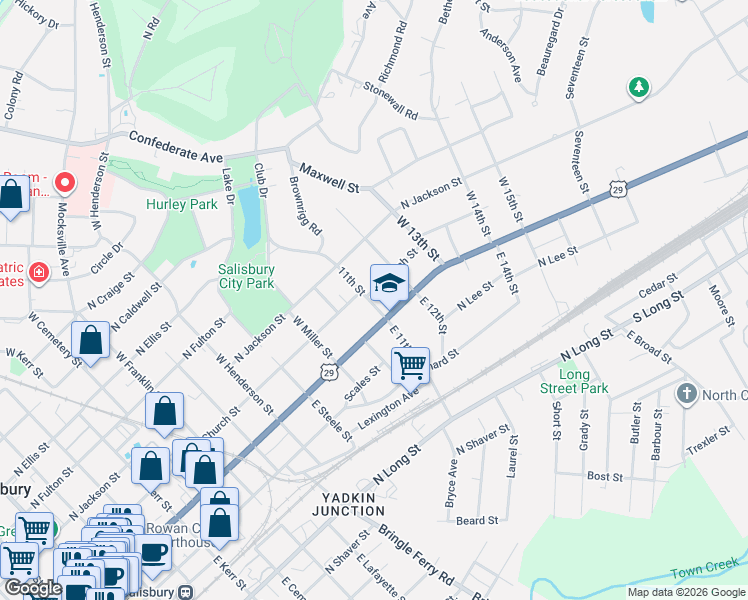 map of restaurants, bars, coffee shops, grocery stores, and more near 121 West 11th Street in Salisbury