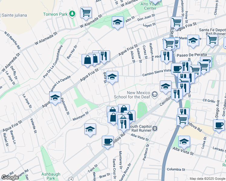 map of restaurants, bars, coffee shops, grocery stores, and more near 817a Fayette Street in Santa Fe