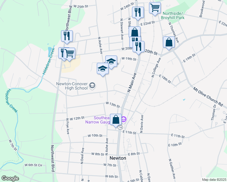 map of restaurants, bars, coffee shops, grocery stores, and more near 205 West 15th Street in Newton