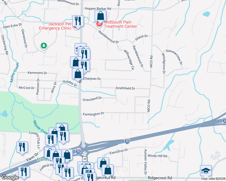 map of restaurants, bars, coffee shops, grocery stores, and more near 112 Smithfield Drive in Jackson