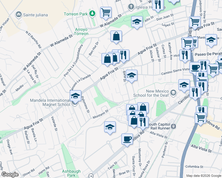map of restaurants, bars, coffee shops, grocery stores, and more near 521 Silva Street in Santa Fe