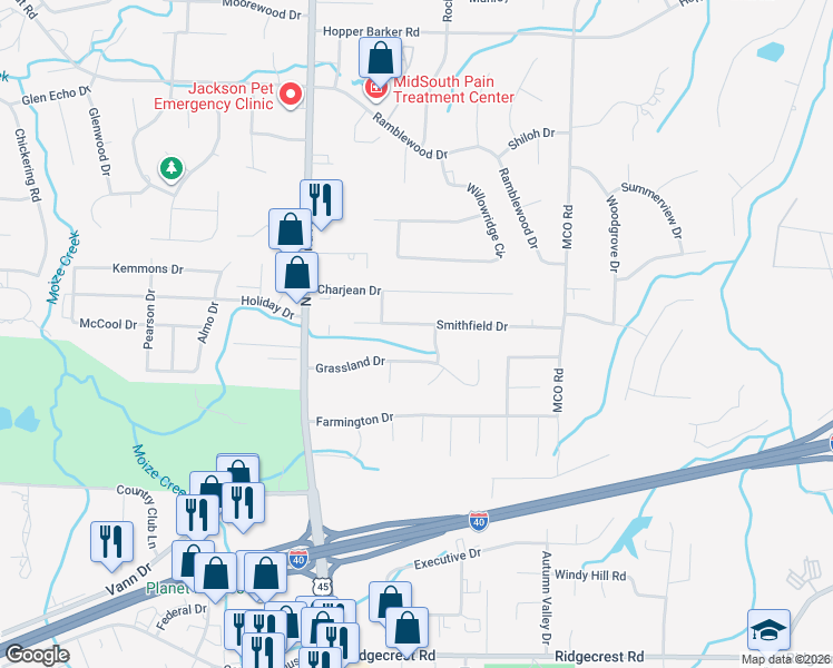 map of restaurants, bars, coffee shops, grocery stores, and more near 112 Smithfield Drive in Jackson