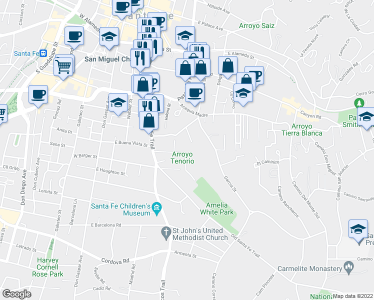 map of restaurants, bars, coffee shops, grocery stores, and more near 465 Camino De Las Animas in Santa Fe