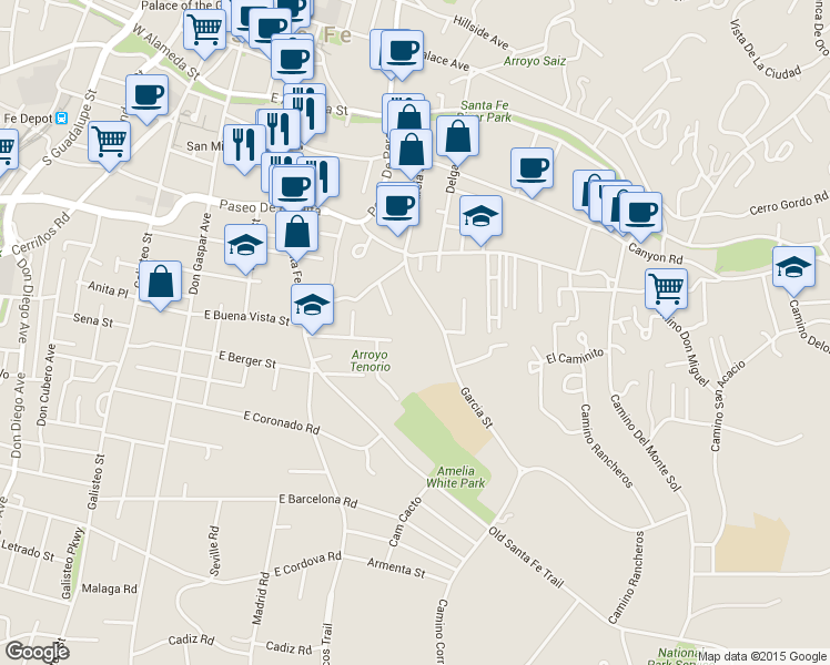 map of restaurants, bars, coffee shops, grocery stores, and more near 570 Garcia Street in Santa Fe