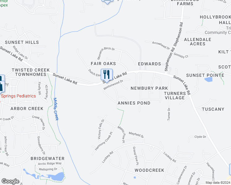 map of restaurants, bars, coffee shops, grocery stores, and more near 212 River Falls Drive in Apex