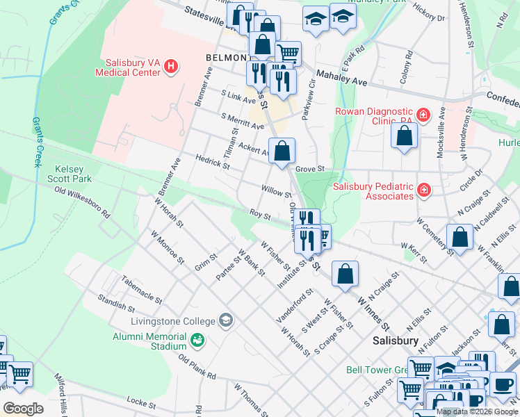 map of restaurants, bars, coffee shops, grocery stores, and more near 212 Roy Street in Salisbury