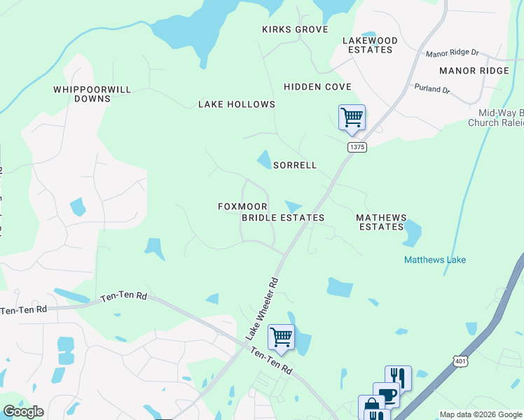 map of restaurants, bars, coffee shops, grocery stores, and more near 1913 Wheelerbrook Court in Raleigh