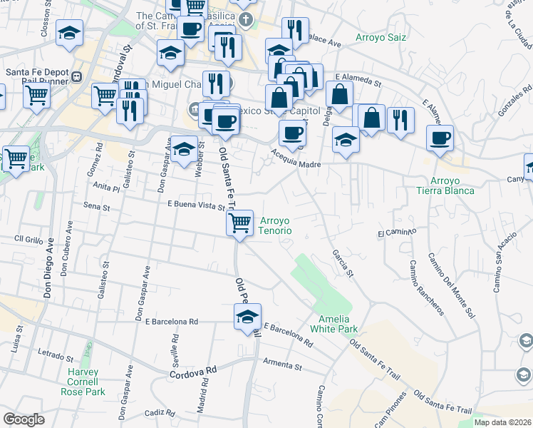 map of restaurants, bars, coffee shops, grocery stores, and more near 465 Camino De Las Animas in Santa Fe