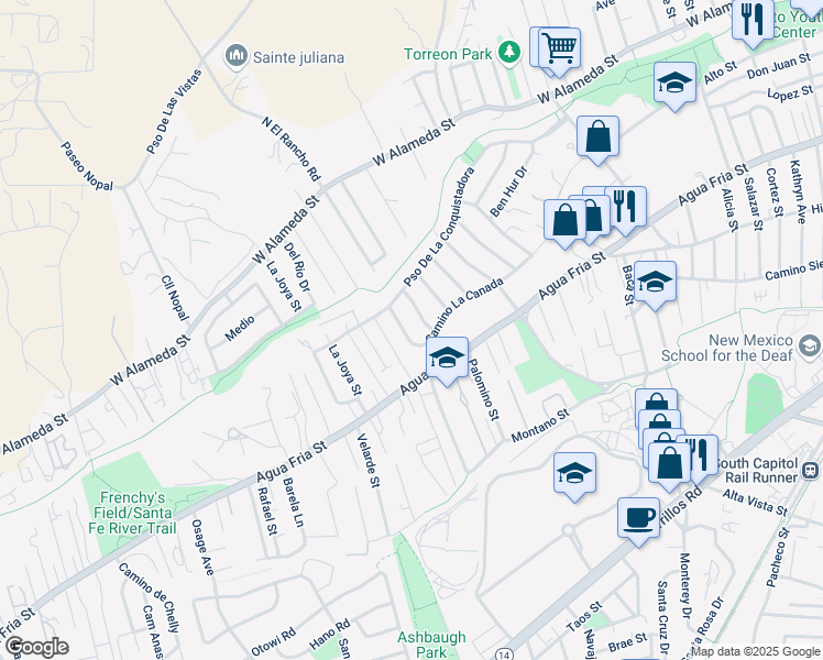 map of restaurants, bars, coffee shops, grocery stores, and more near 1848 Camino La Canada in Santa Fe