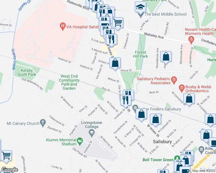 map of restaurants, bars, coffee shops, grocery stores, and more near 1329 Filbert Street in Salisbury