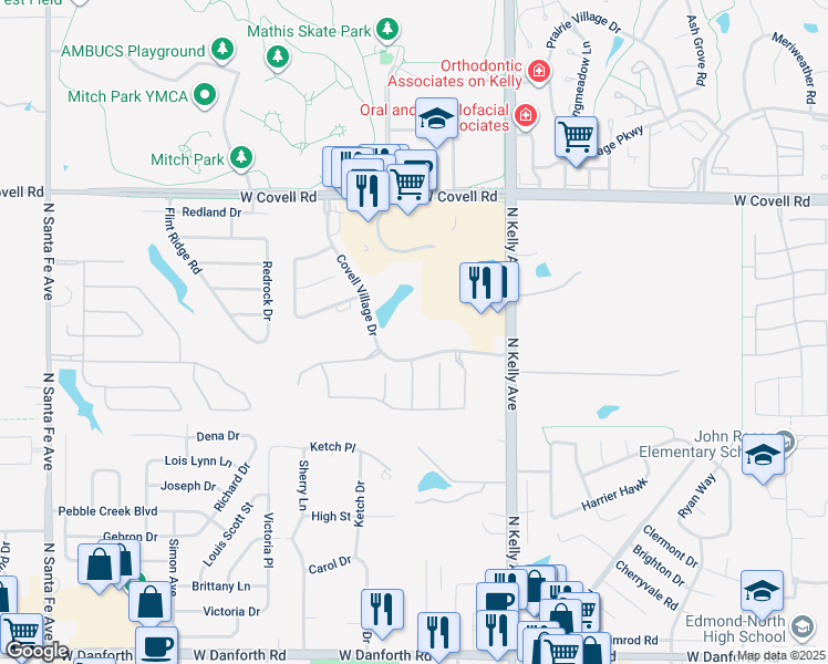 map of restaurants, bars, coffee shops, grocery stores, and more near 1201 Covell Village Drive in Edmond