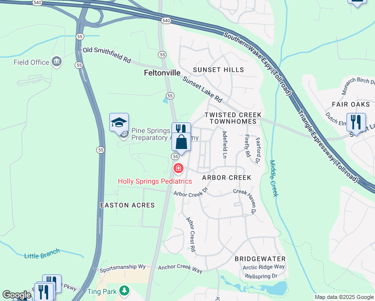 map of restaurants, bars, coffee shops, grocery stores, and more near 327 Commons Drive in Holly Springs