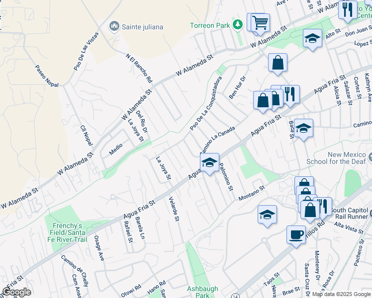 map of restaurants, bars, coffee shops, grocery stores, and more near 1848 Camino La Canada in Santa Fe