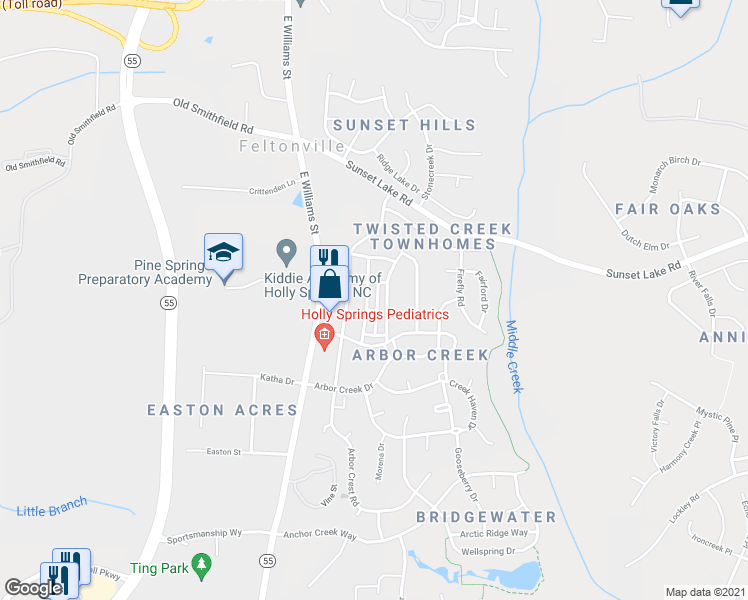 map of restaurants, bars, coffee shops, grocery stores, and more near 140 Danesway Drive in Holly Springs