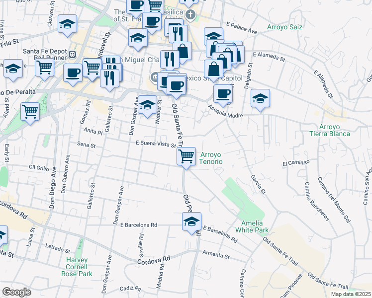 map of restaurants, bars, coffee shops, grocery stores, and more near 409 Camino De Las Animas in Santa Fe