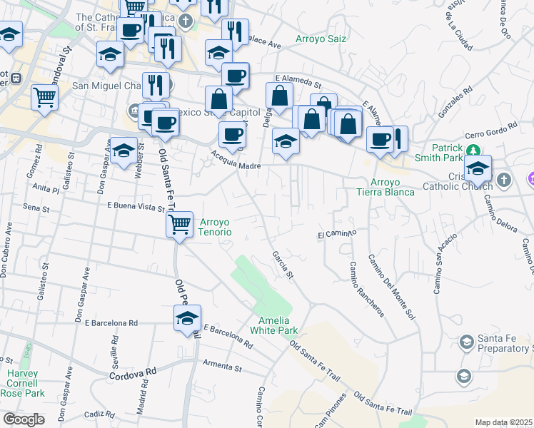 map of restaurants, bars, coffee shops, grocery stores, and more near 571 Garcia Street in Santa Fe