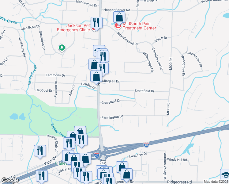 map of restaurants, bars, coffee shops, grocery stores, and more near 54 Smithfield Drive in Jackson