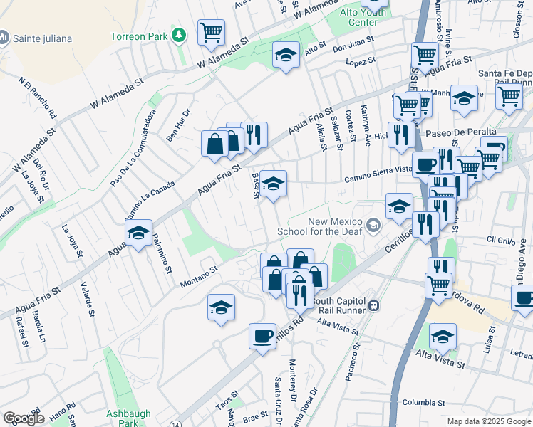 map of restaurants, bars, coffee shops, grocery stores, and more near 817a Fayette Street in Santa Fe