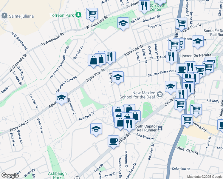map of restaurants, bars, coffee shops, grocery stores, and more near 714 Baca Street in Santa Fe