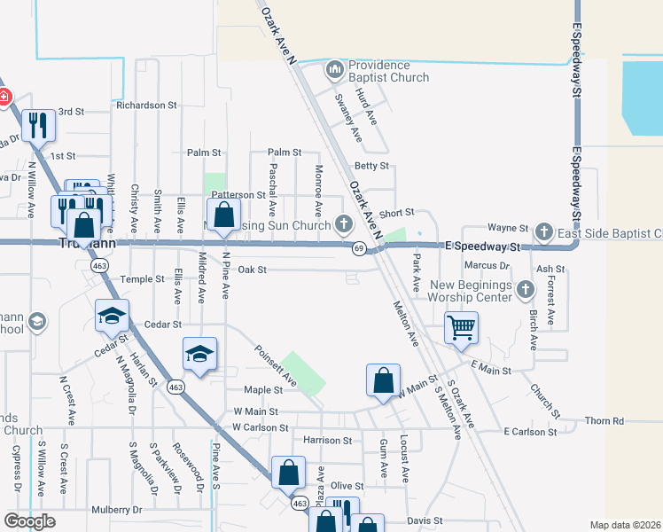 map of restaurants, bars, coffee shops, grocery stores, and more near 309 Oak Street in Trumann
