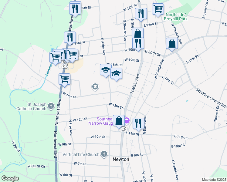 map of restaurants, bars, coffee shops, grocery stores, and more near 210 West 15th Street in Newton