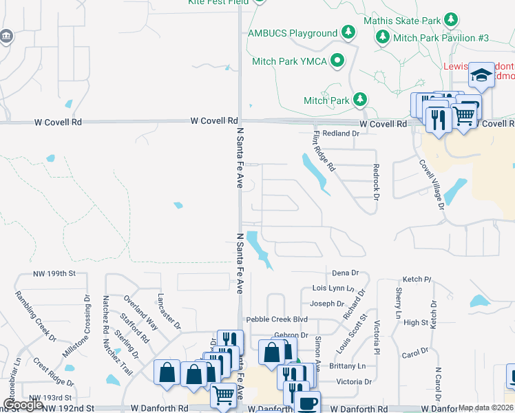 map of restaurants, bars, coffee shops, grocery stores, and more near 2212 Cedar Pointe Court in Edmond