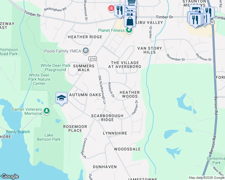 map of restaurants, bars, coffee shops, grocery stores, and more near 502 Kimloch Drive in Garner