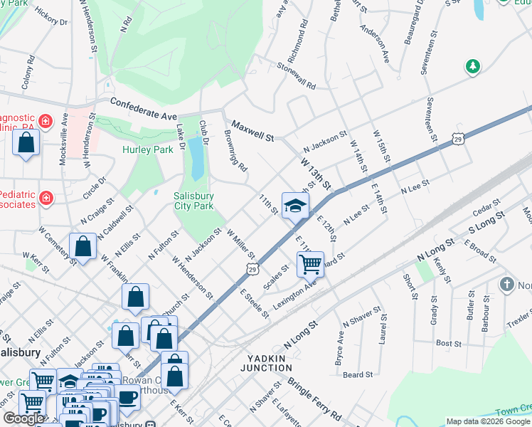map of restaurants, bars, coffee shops, grocery stores, and more near 121 West 11th Street in Salisbury