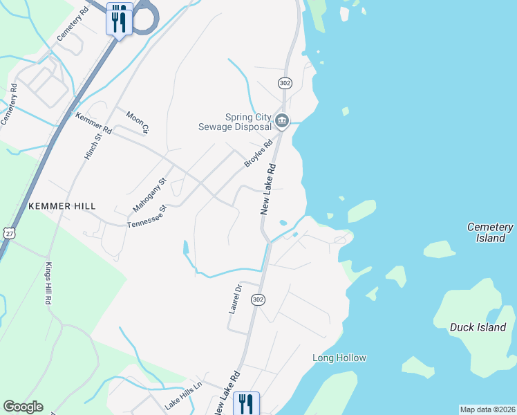 map of restaurants, bars, coffee shops, grocery stores, and more near 1334 New Lake Road in Spring City