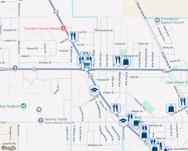 map of restaurants, bars, coffee shops, grocery stores, and more near 447-455 State Highway 463 in Trumann