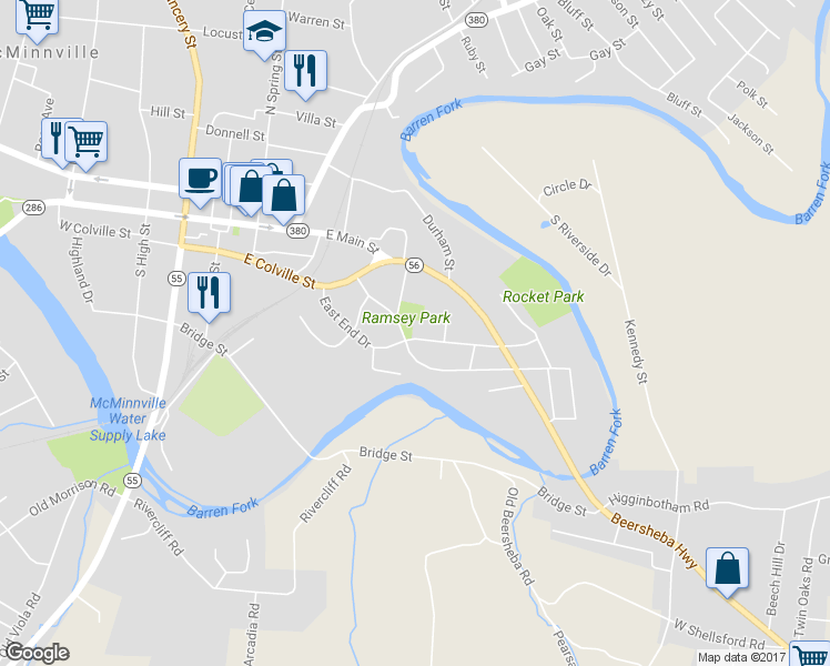 map of restaurants, bars, coffee shops, grocery stores, and more near 205 East End Drive in McMinnville