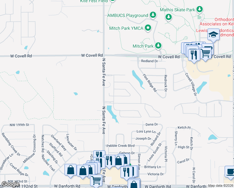 map of restaurants, bars, coffee shops, grocery stores, and more near 2108 Cedar Pointe Circle in Edmond
