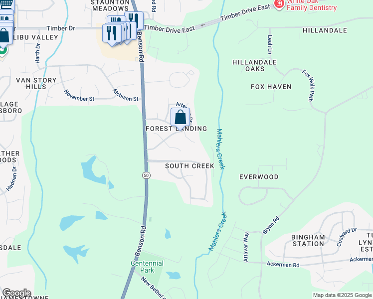 map of restaurants, bars, coffee shops, grocery stores, and more near 113 Saddle Ridge Court in Garner