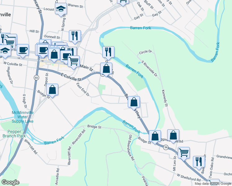 map of restaurants, bars, coffee shops, grocery stores, and more near 223 East End Drive in McMinnville