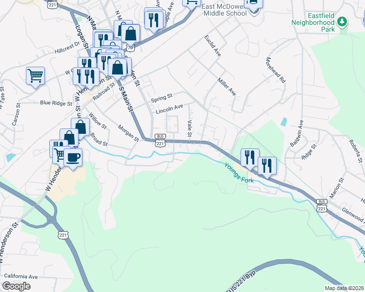 map of restaurants, bars, coffee shops, grocery stores, and more near 654 Rutherford Road in Marion