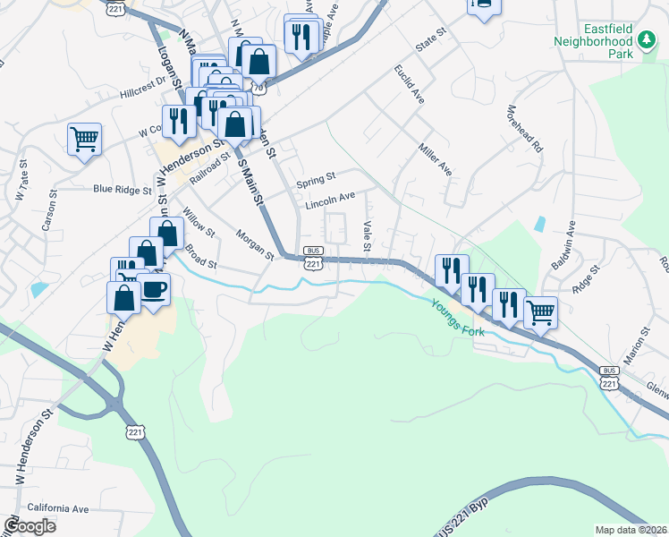 map of restaurants, bars, coffee shops, grocery stores, and more near 44 Currier Avenue in Marion