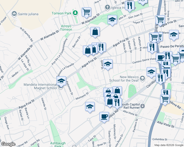 map of restaurants, bars, coffee shops, grocery stores, and more near 521 Silva Street in Santa Fe