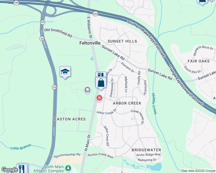 map of restaurants, bars, coffee shops, grocery stores, and more near 133 Danesway Drive in Holly Springs