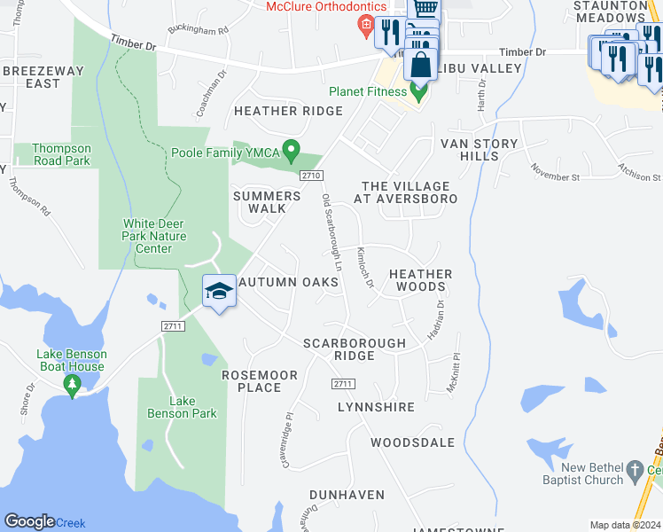 map of restaurants, bars, coffee shops, grocery stores, and more near 506 Old Scarborough Lane in Garner