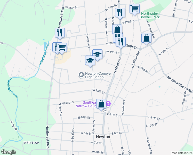 map of restaurants, bars, coffee shops, grocery stores, and more near 210 West 15th Street in Newton