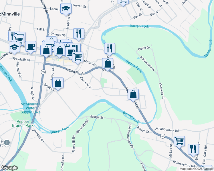map of restaurants, bars, coffee shops, grocery stores, and more near 205 East End Drive in McMinnville