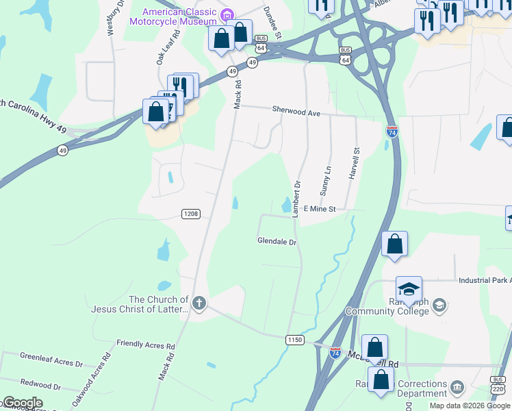 map of restaurants, bars, coffee shops, grocery stores, and more near 402 Myrtle Street in Asheboro