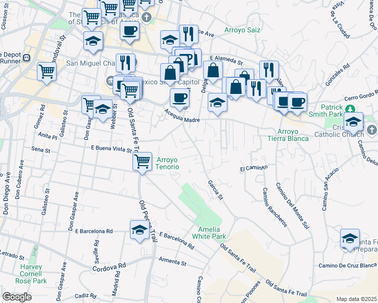 map of restaurants, bars, coffee shops, grocery stores, and more near 570 Garcia Street in Santa Fe