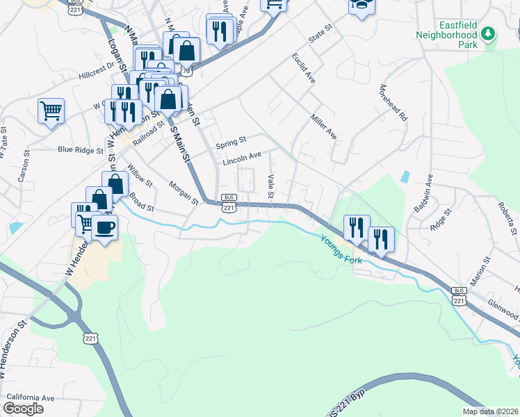map of restaurants, bars, coffee shops, grocery stores, and more near 654 Rutherford Road in Marion
