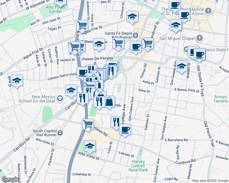 map of restaurants, bars, coffee shops, grocery stores, and more near 525 Calle Lucero in Santa Fe