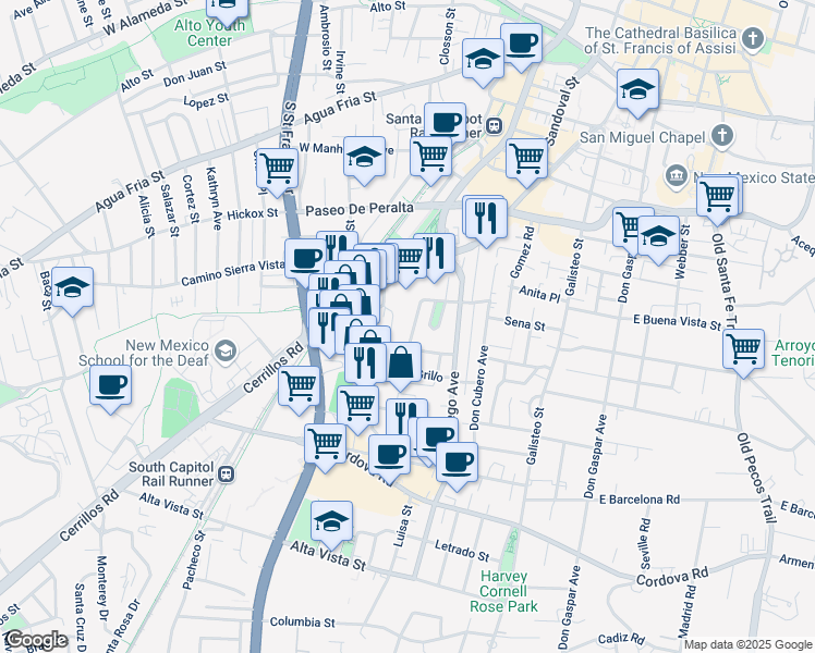 map of restaurants, bars, coffee shops, grocery stores, and more near 525 Calle Lucero in Santa Fe